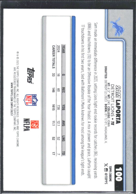 2025 Topps Chrome #100 Sam LaPorta – baksida