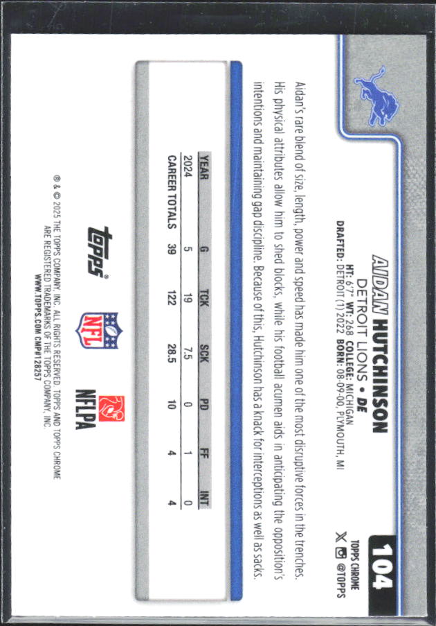 2025 Topps Chrome #104 Aidan Hutchinson – baksida