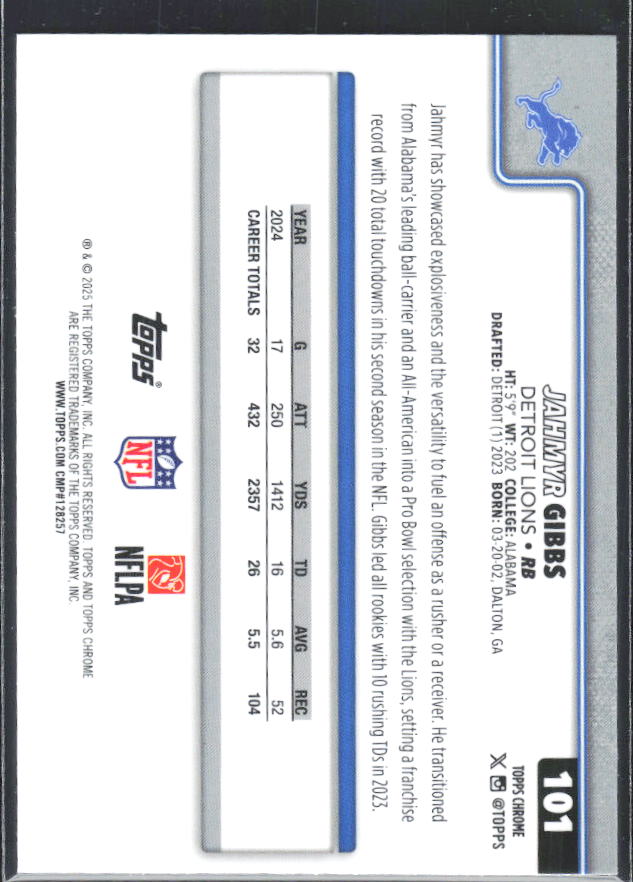 2025 Topps Chrome #101 Jahmyr Gibbs – baksida