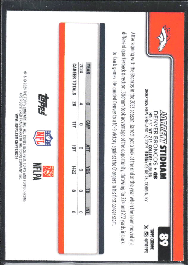 2025 Topps Chrome #89 Jarrett Stidham – baksida