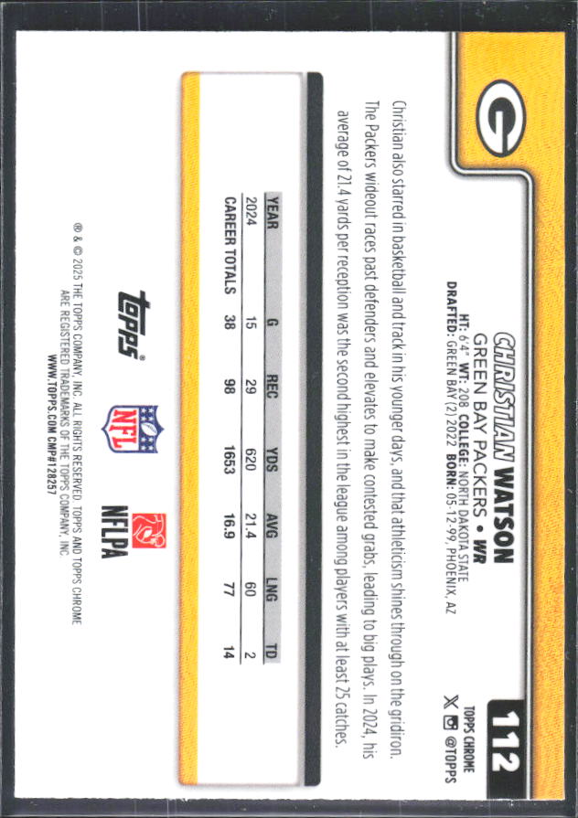2025 Topps Chrome #112 Christian Watson – baksida