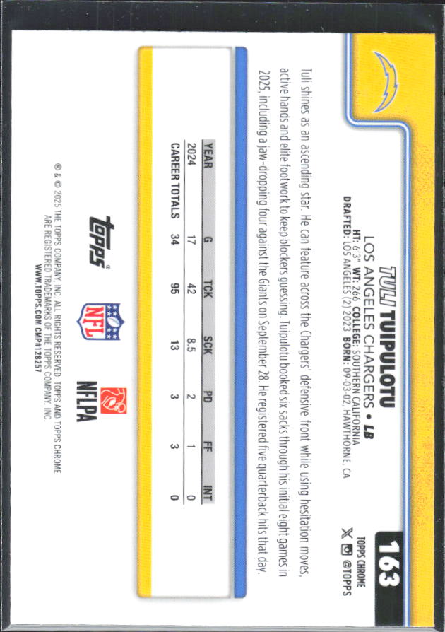 2025 Topps Chrome #163 Tuli Tuipulotu – baksida
