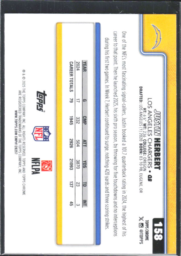 2025 Topps Chrome #158 Justin Herbert – baksida