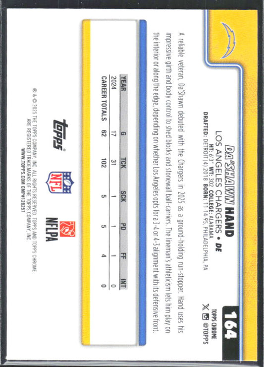 2025 Topps Chrome #164 Da'Shawn Hand – baksida