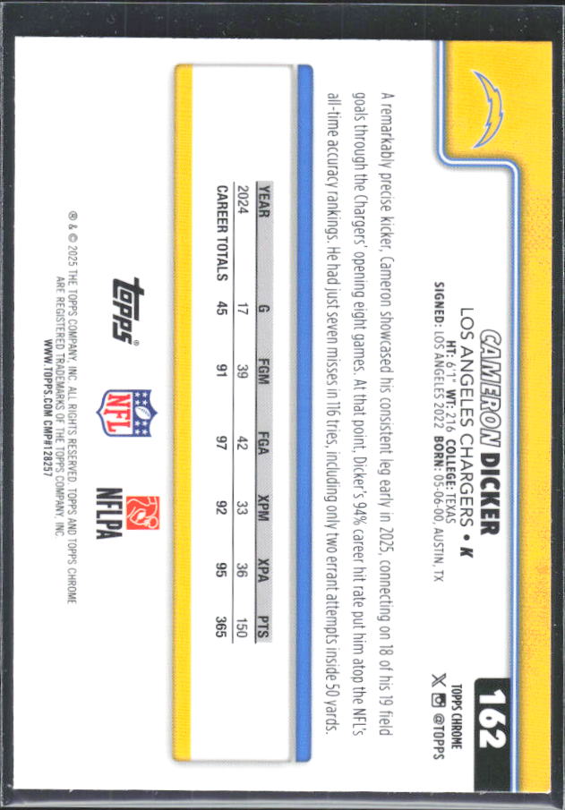 2025 Topps Chrome #162 Cameron Dicker – baksida