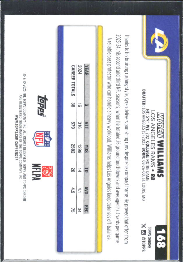 2025 Topps Chrome #168 Kyren Williams – baksida