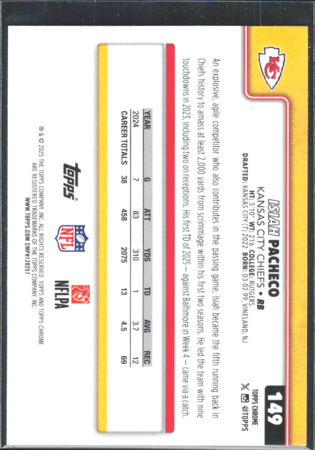 2025 Topps Chrome #149 Isiah Pacheco – baksida