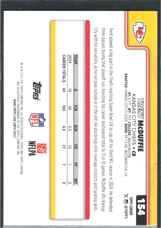 2025 Topps Chrome #154 Trent McDuffie – baksida