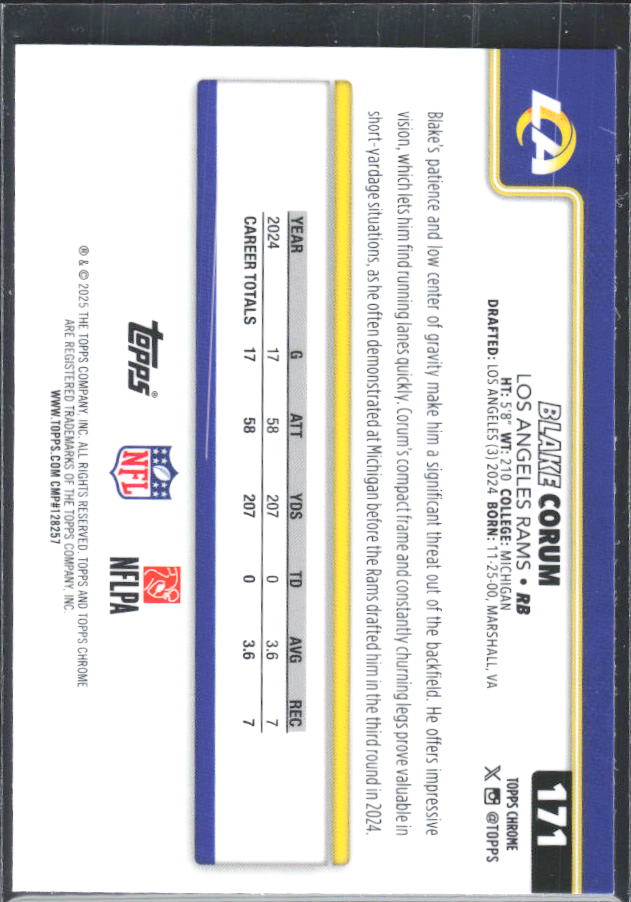 2025 Topps Chrome #171 Blake Corum – baksida