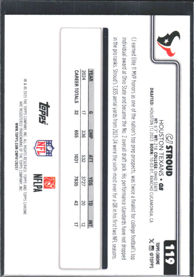 2025 Topps Chrome #119 CJ Stroud – baksida