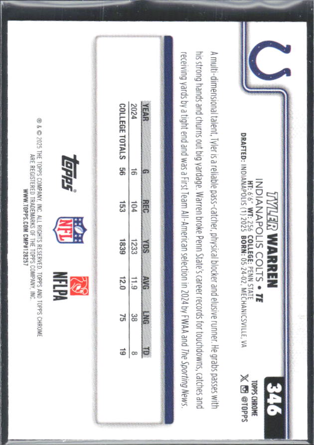 2025 Topps Chrome #346 Tyler Warren – baksida