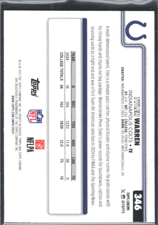 2025 Topps Chrome #346 Tyler Warren – baksida