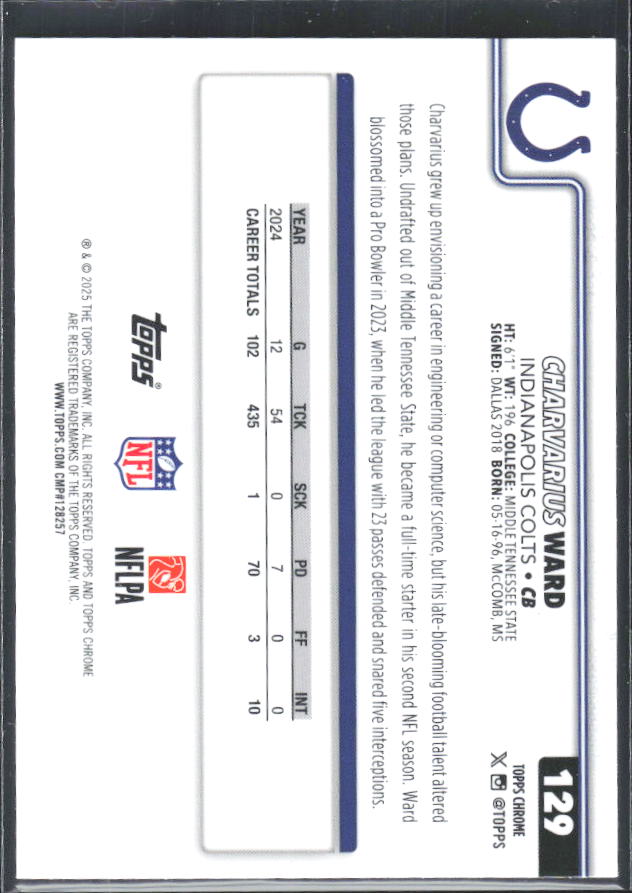 2025 Topps Chrome #129 Charvarius Ward – baksida