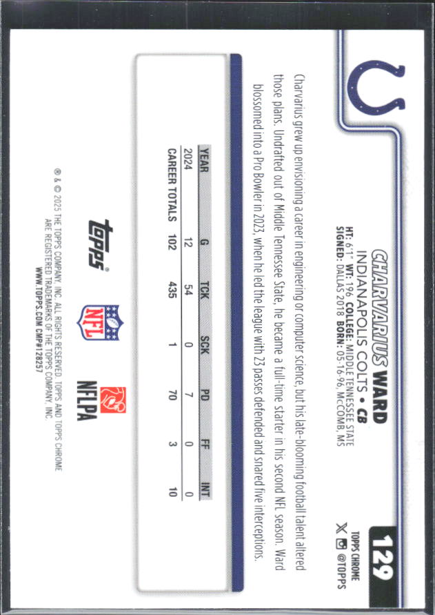 2025 Topps Chrome #129 Charvarius Ward – baksida