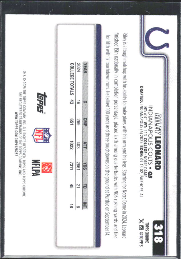 2025 Topps Chrome #318 Riley Leonard – baksida