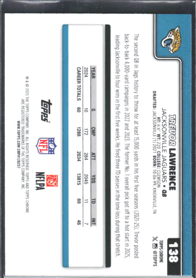 2025 Topps Chrome #138 Trevor Lawrence – baksida