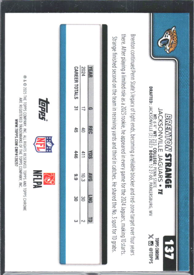 2025 2025 Topps Chrome #137 Brenton Strange – baksida