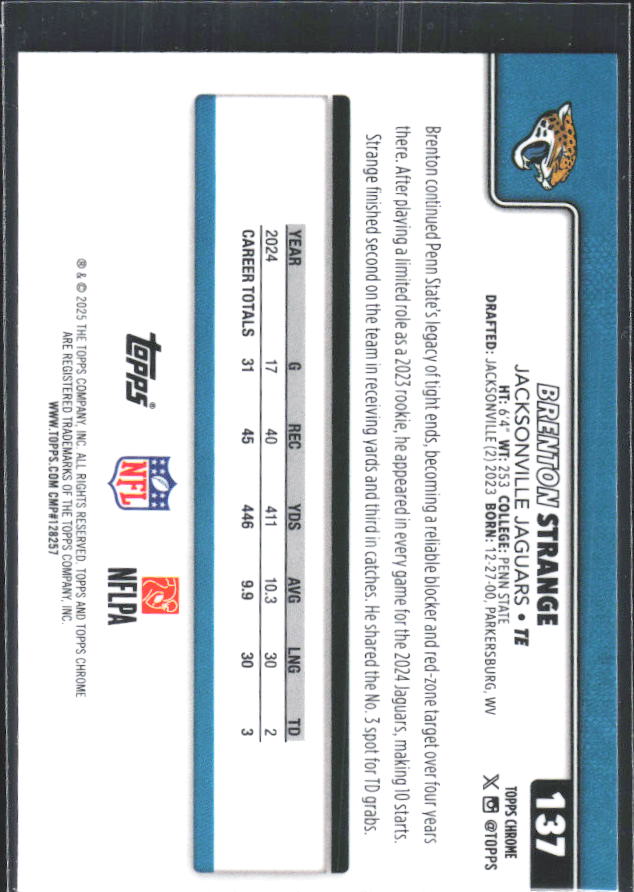 2025 Topps Chrome #137 Brenton Strange – baksida
