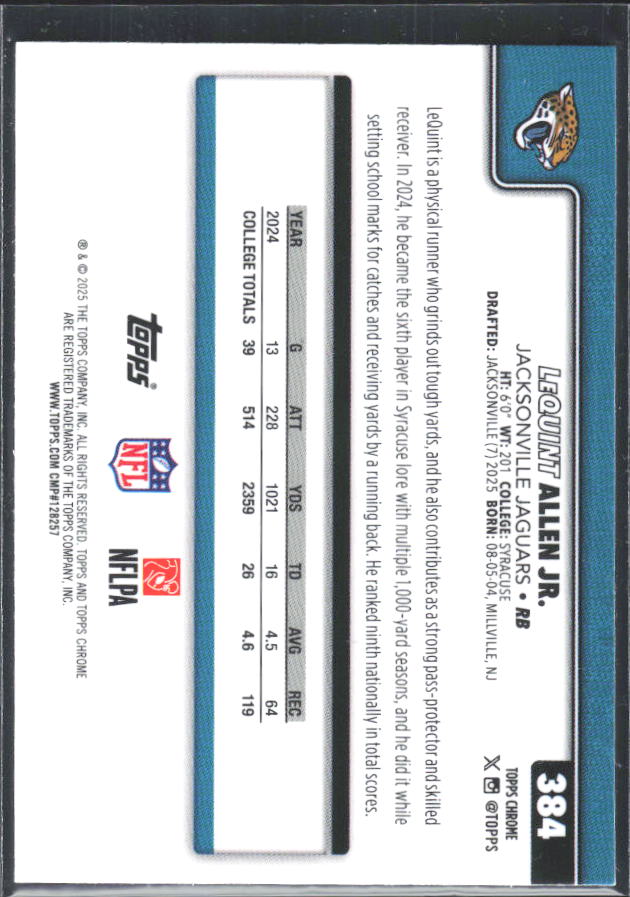 2025 Topps Chrome #384 LeQuint Allen Jr. – baksida