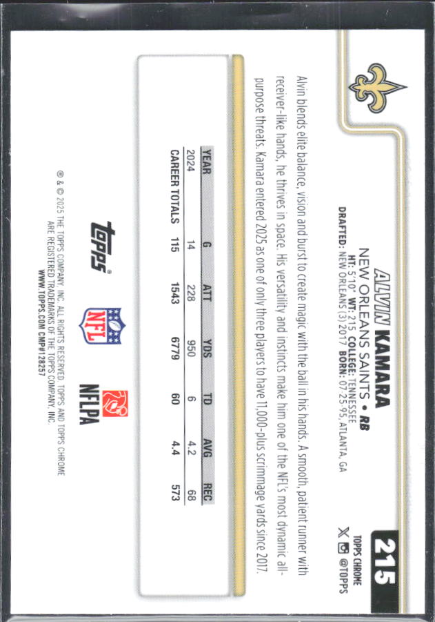 2025 Topps Chrome #215 Alvin Kamara – baksida