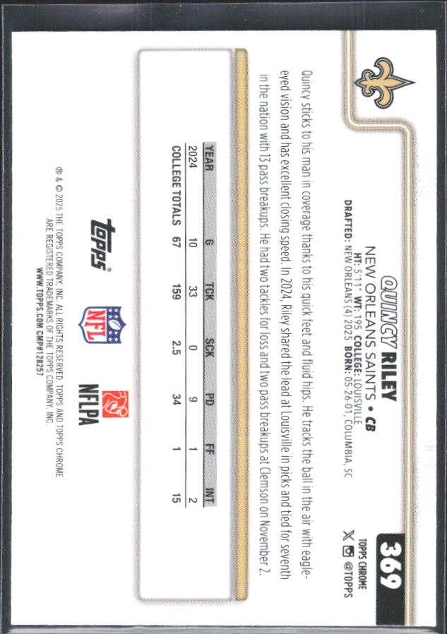 2025 Topps Chrome #369 Quincy Riley – baksida