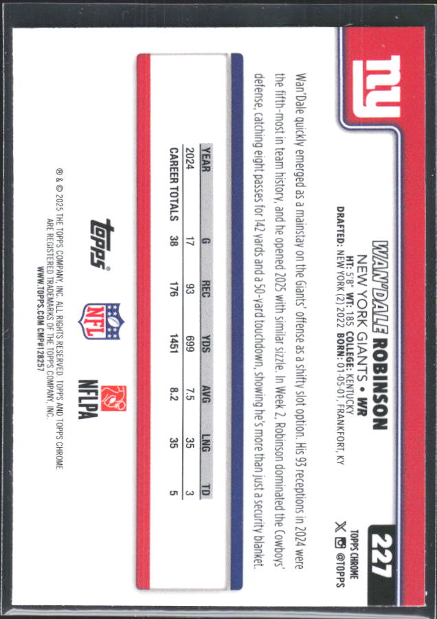 2025 Topps Chrome #227 Wan'Dale Robinson – baksida