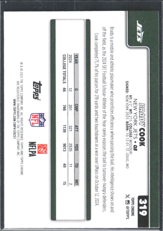 2025 Topps Chrome #319 Brady Cook – baksida
