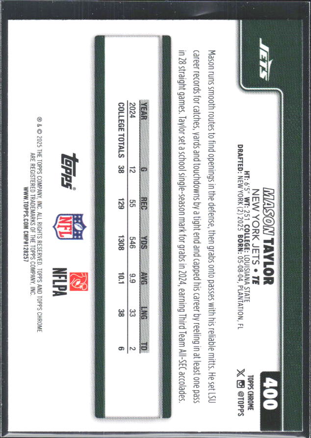 2025 Topps Chrome #400 Mason Taylor – baksida
