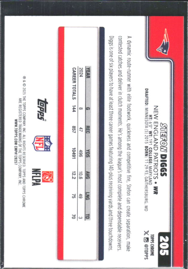 2025 Topps Chrome #205 Stefon Diggs – baksida
