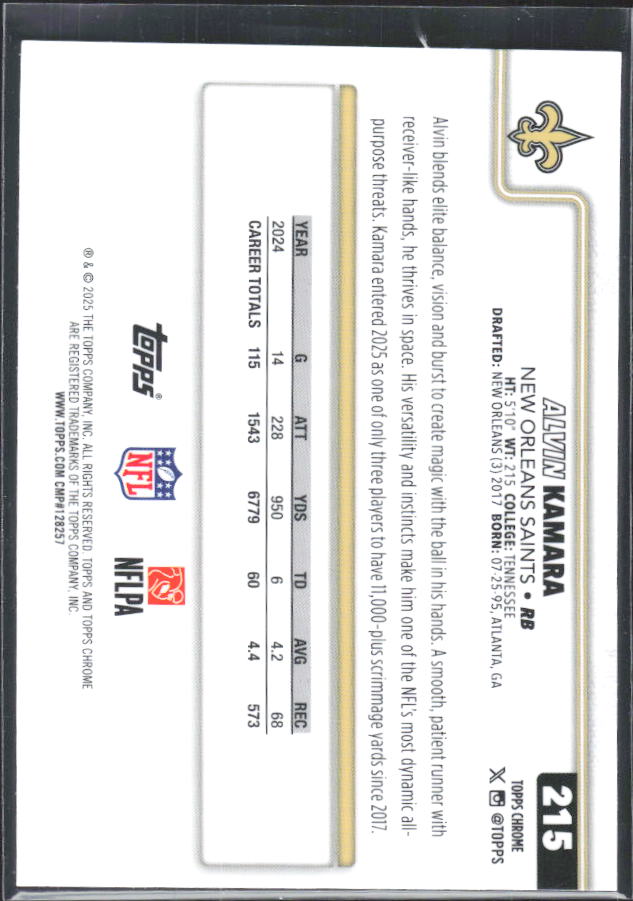 2025 Topps Chrome #215 Alvin Kamara – baksida