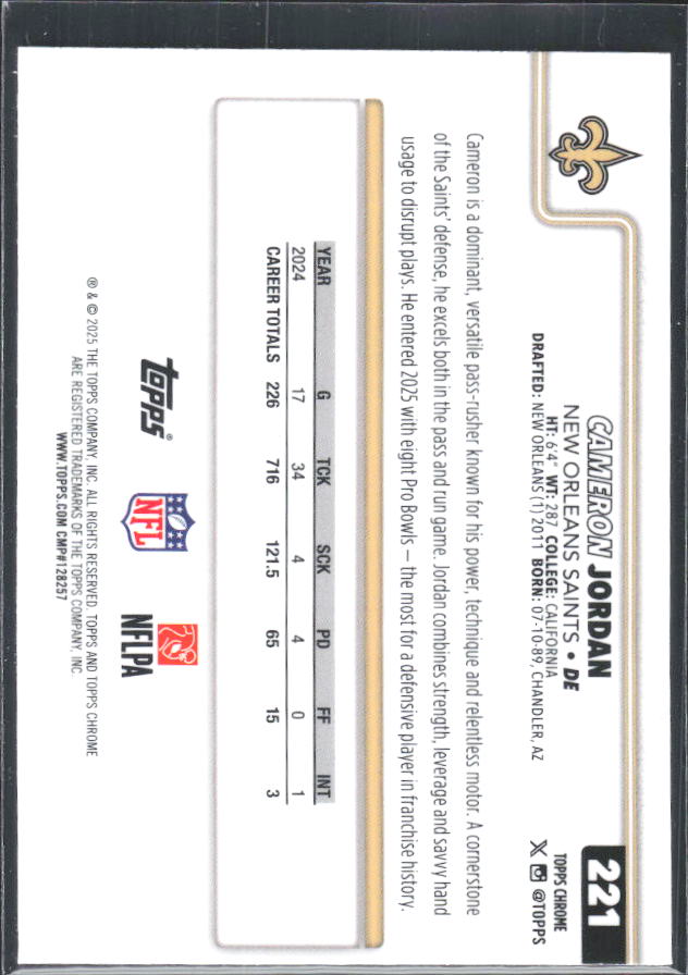 2025 Topps Chrome #221 Cameron Jordan – baksida