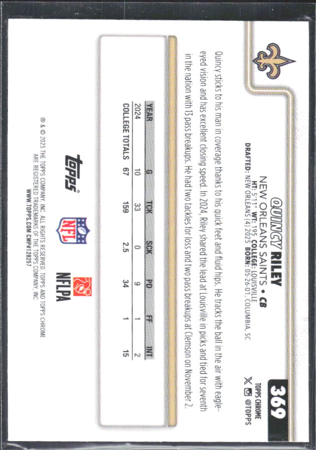 2025 Topps Chrome #369 Quincy Riley – baksida