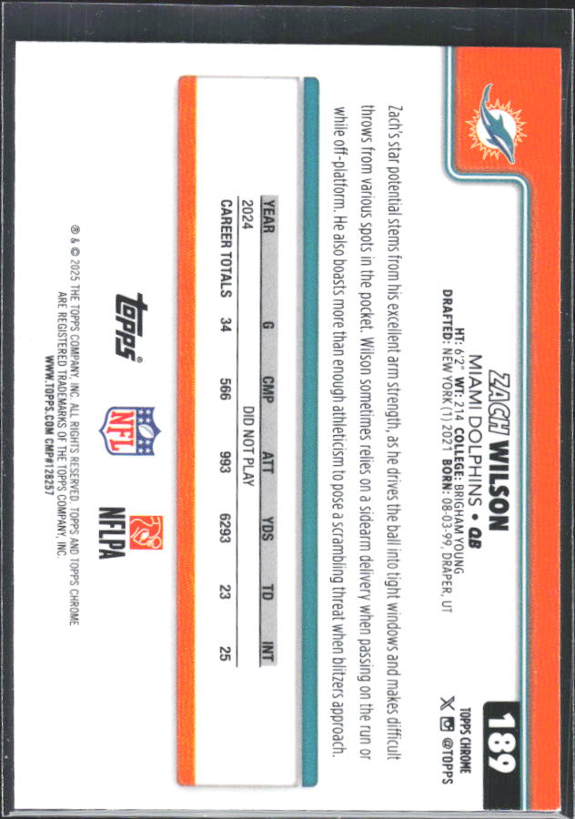 2025 Topps Chrome #189 Zach Wilson – baksida
