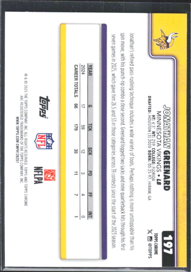 2025 Topps Chrome #197 Jonathan Greenard – baksida