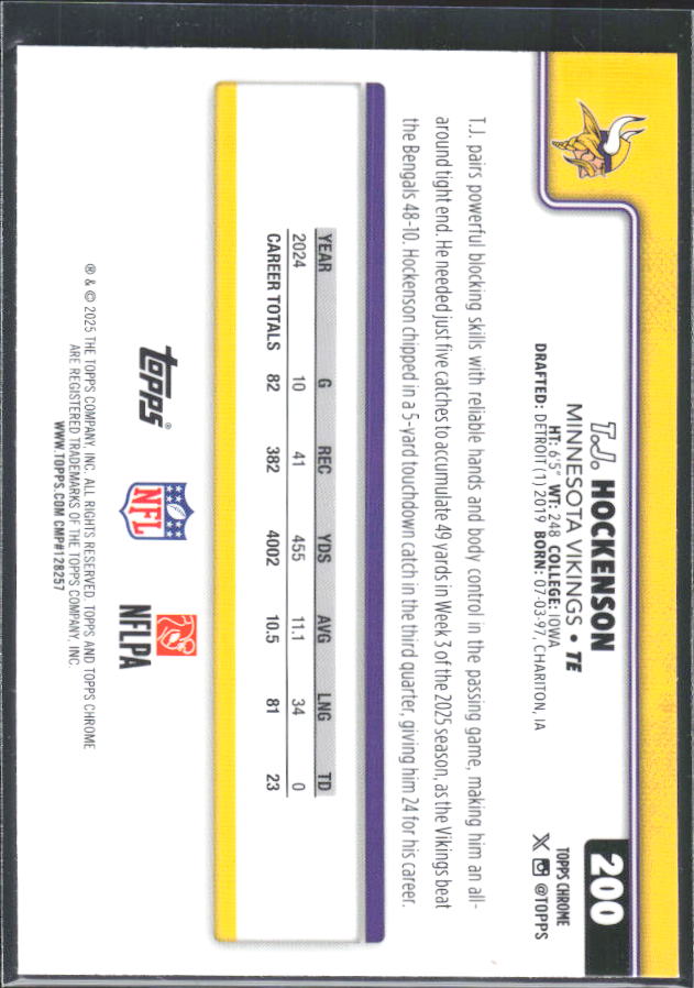 2025 Topps Chrome #200 T.J. Hockenson – baksida