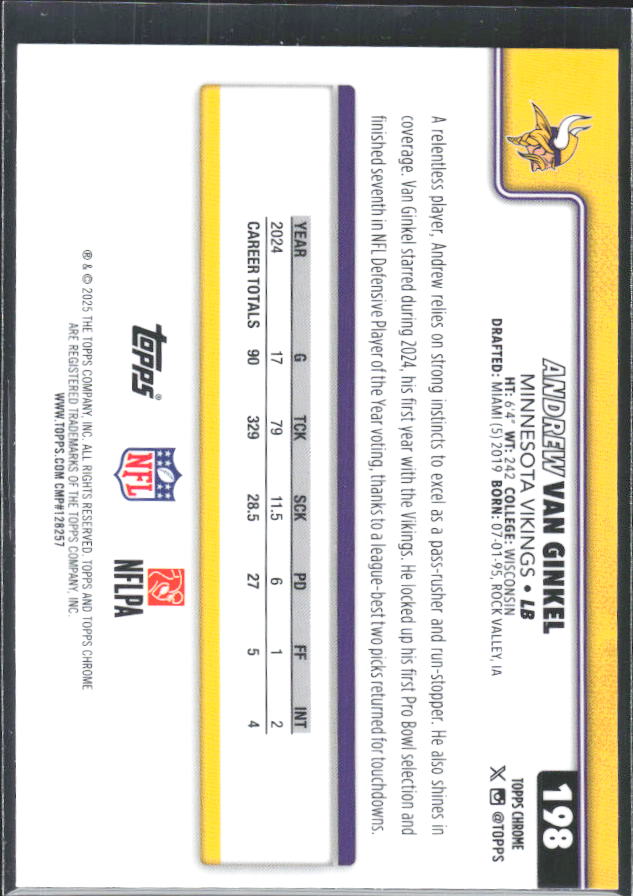 2025 Topps Chrome #198 Andrew Van Ginkel – baksida