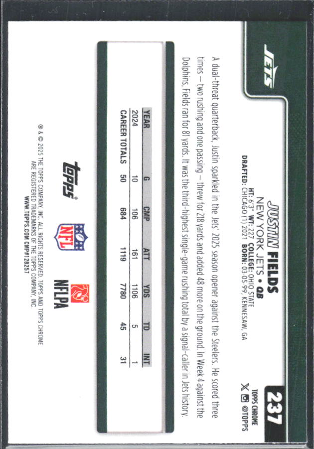 2025 Topps Chrome #237 Justin Fields – baksida