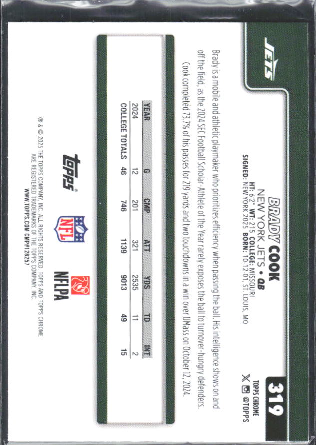 2025 Topps Chrome #319 Brady Cook – baksida