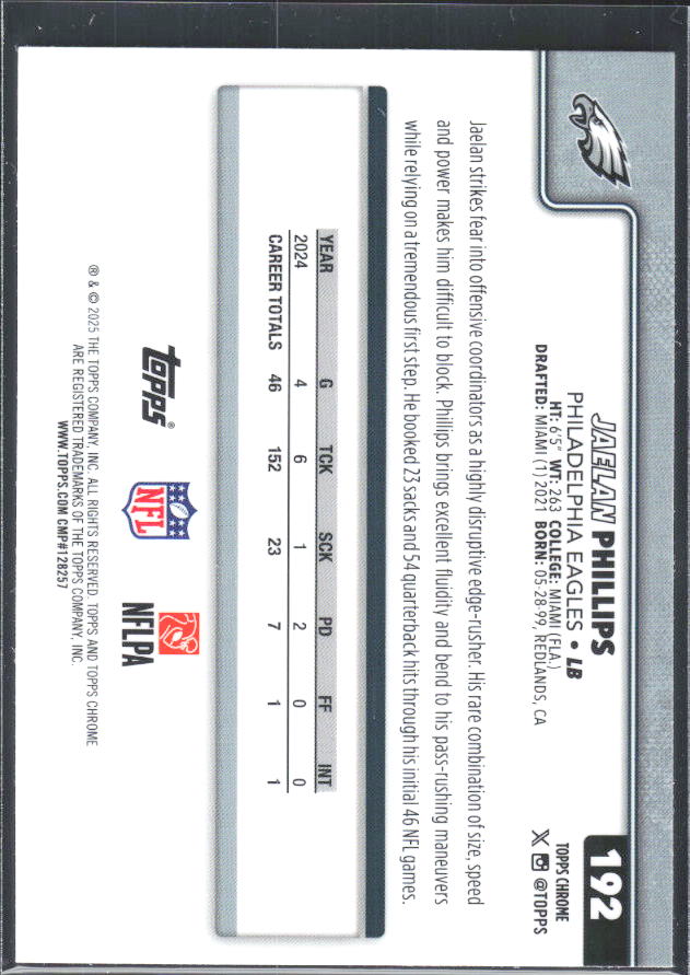 2025 Topps Chrome #192 Jaelan Phillips – baksida