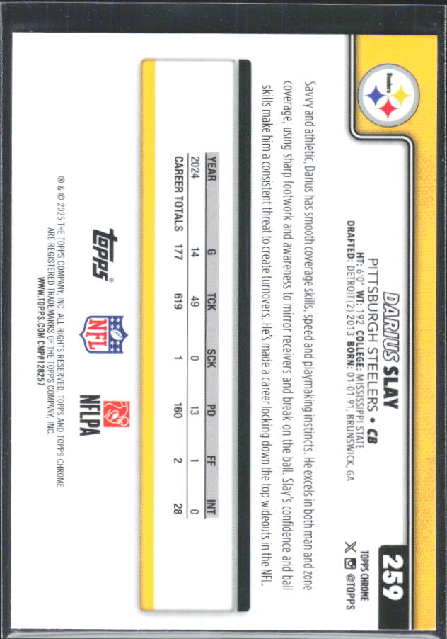2025 Topps Chrome #259 Darius Slay – baksida