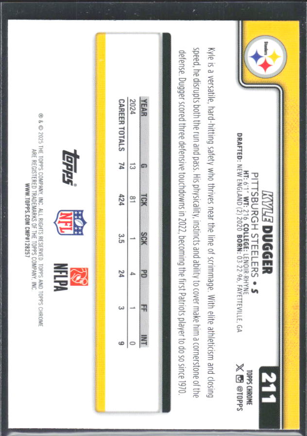 2025 Topps Chrome #211 Kyle Dugger – baksida
