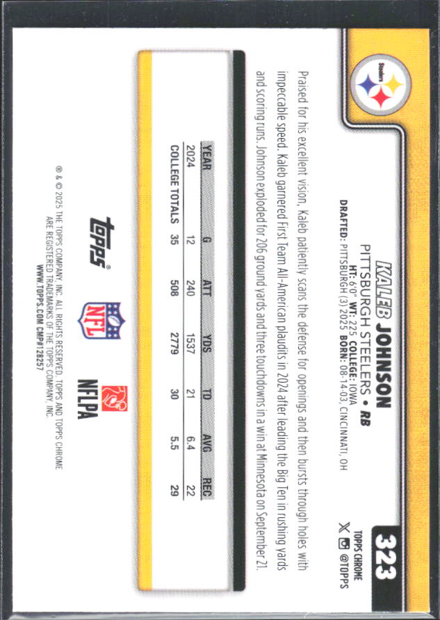 2025 Topps Chrome #323 Kaleb Johnson – baksida