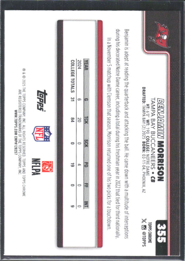 2025 Topps Chrome #355 Benjamin Morrison – baksida
