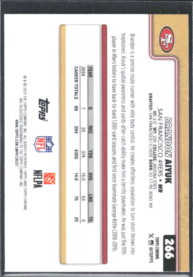 2025 Topps Chrome #266 Brandon Aiyuk – baksida