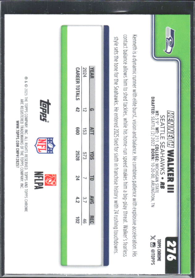 2025 Topps Chrome #276 Kenneth Walker III – baksida