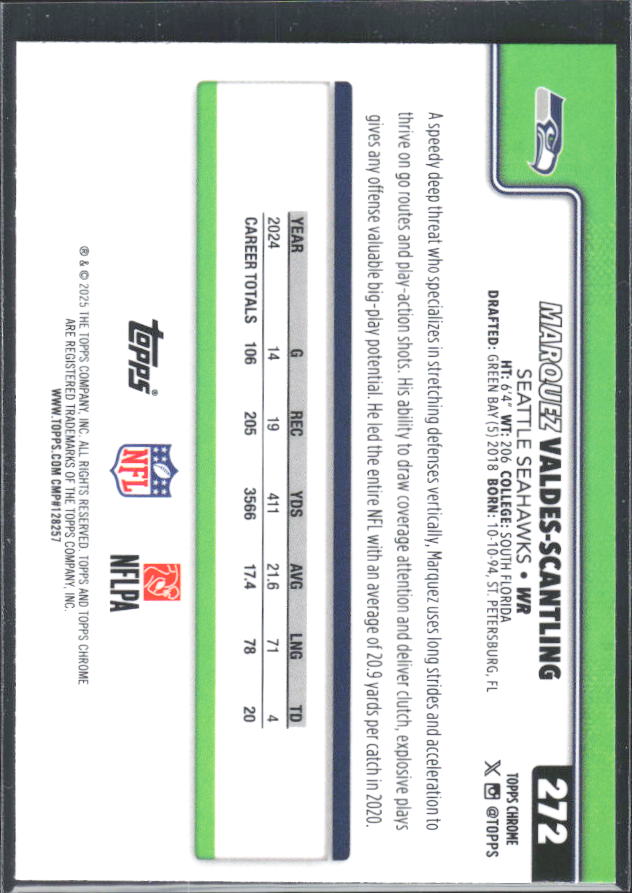 2025 Topps Chrome #272 Marquez Valdes-Scantling – baksida