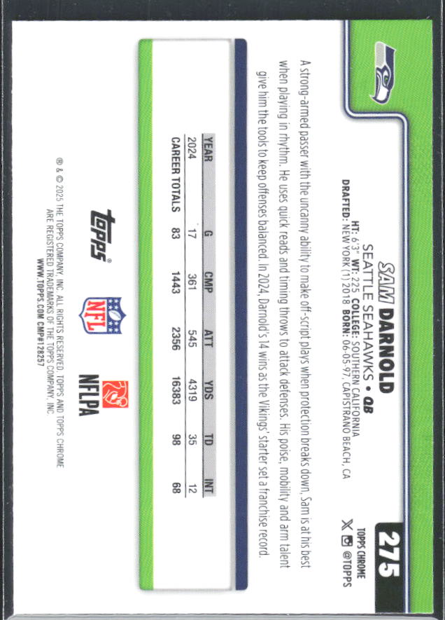 2025 Topps Chrome #275 Sam Darnold – baksida
