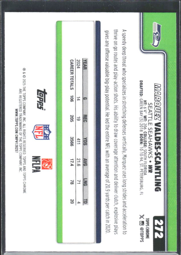 2025 Topps Chrome #272 Marquez Valdes-Scantling – baksida