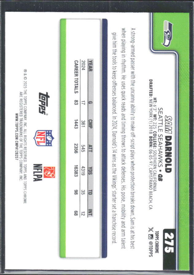 2025 Topps Chrome #275 Sam Darnold – baksida