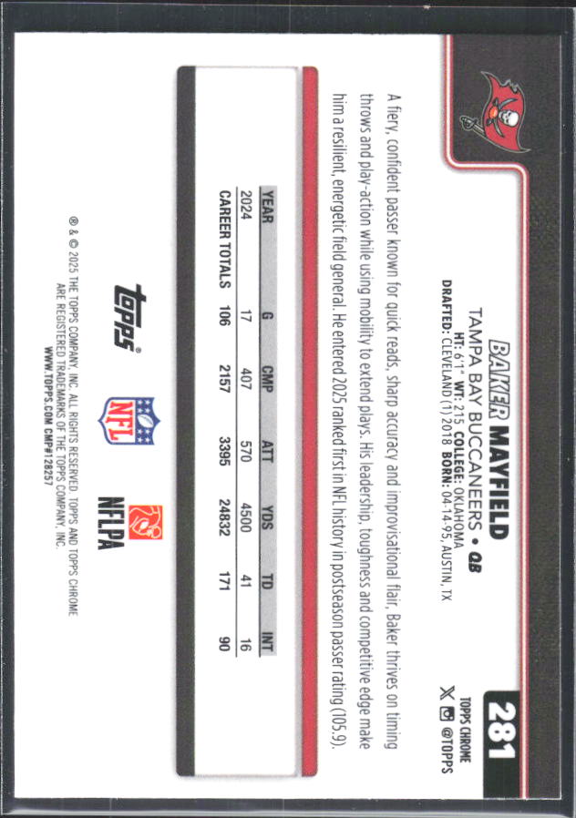 2025 Topps Chrome #281 Baker Mayfield – baksida